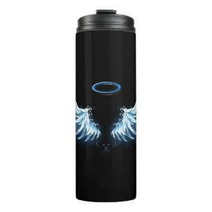 Blue Glows Angel Wings auf schwarzem Hintergrund Thermosbecher