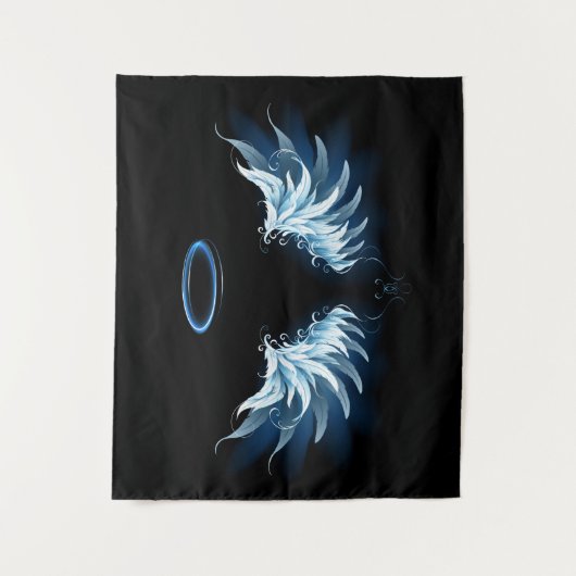 Blue Glows Angel Wings auf schwarzem Hintergrund Wandteppich (Vorderseite)