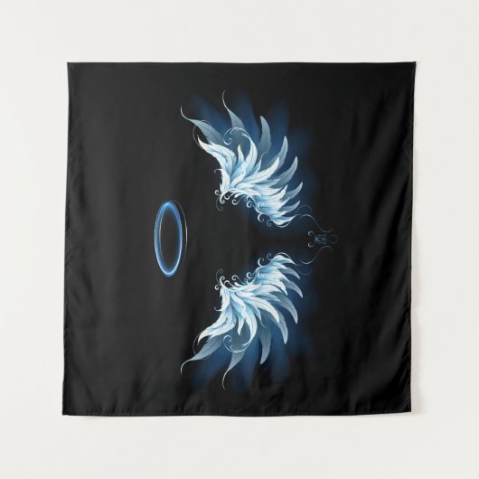Blue Glows Angel Wings auf schwarzem Hintergrund Wandteppich (Vorderseite)