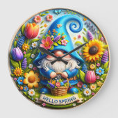 Blue Gnome Hello Spring Große Wanduhr (Vorderseite)