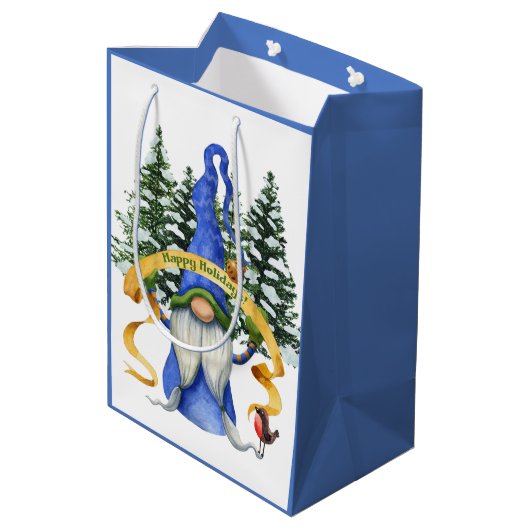 Blue Gnome Holiday wünscht Mittlere Geschenktüte (Rückseite Schrägansicht)