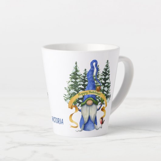 Blue Gnome Holiday wünscht Personalisiert Milchtasse (Rechte Ecke)