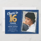 Blue Gold 16. Geburtstag Foto Einladung (Vorderseite)