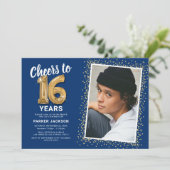 Blue Gold 16. Geburtstag Foto Einladung (Stehend Vorderseite)