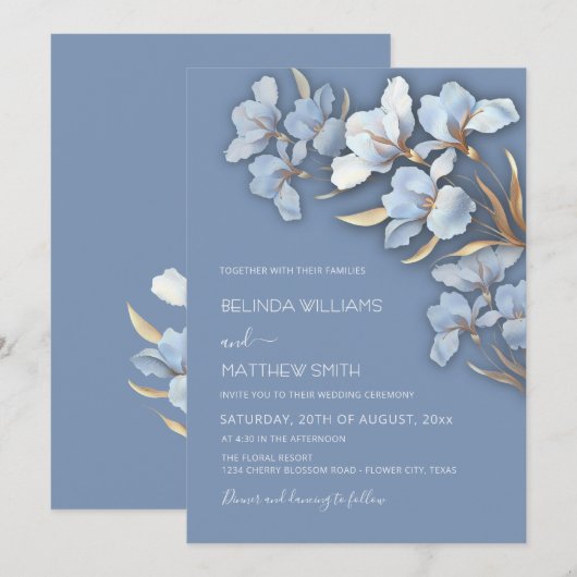 Blue Gold 3D Flowers  Einladung (Vorne/Hinten)