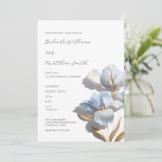 Blue Gold 3D Flowers White Einladung (Stehend Vorderseite)