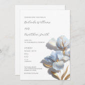 Blue Gold 3D Flowers White Einladung (Vorne/Hinten)