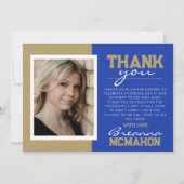 Blue & Gold Abschluss 2 Foto Vielen Dank Einladung (Vorderseite)