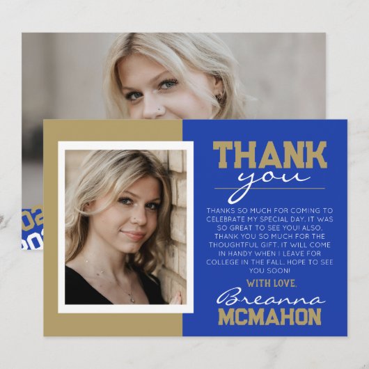 Blue & Gold Abschluss 2 Foto Vielen Dank Einladung (Vorne/Hinten)