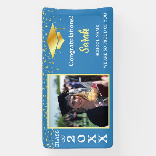 Blue & Gold Abschluss benutzerdefinierte Foto-Klas Banner (Vertikal)