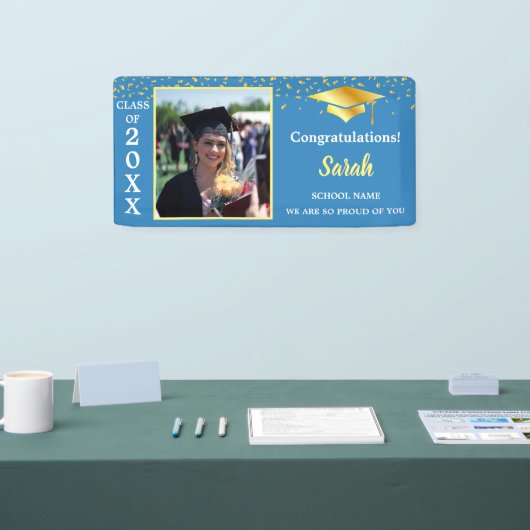 Blue & Gold Abschluss benutzerdefinierte Foto-Klas Banner (Messe)