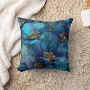 Blue Gold Abstrakt Watercolor Florals Kissen