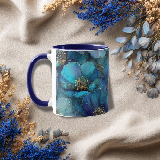 Blue Gold Abstrakt Watercolor Florals Tasse