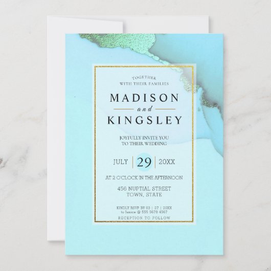 Blue Gold Abstrakte unglaubliche Haushaltshochzeit Einladung (Vorderseite)