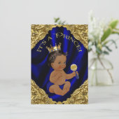 Blue Gold African American Prince Baby Dusche Einladung (Stehend Vorderseite)