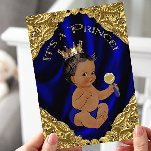 Blue Gold African American Prinz Baby Shower Einladung
