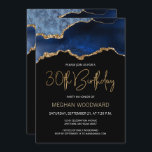 Blue Gold Agate 30. Geburtstag Party Einladung<br><div class="desc">Diese elegante 30. Geburtstagseinladung zeigt ein Aquarellbild einer Age-Geode in Blautönen mit goldenen Imitaten. Die Worte "30. Geburtstag" erscheinen in Imitaten goldener Glitzer in dekorativen modernen Handschrift Schriftart. Passen Sie den Namen der Ehre in goldfarbenem Text an und die Details in Weiß. Das gleiche blaue Apache-Bild wird auf der Rückseite...</div>