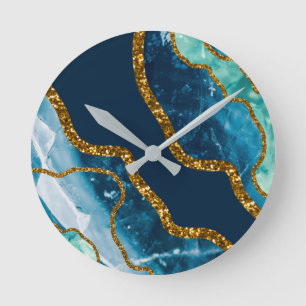 Blue & Gold Agate Geode Glitter Runde Wanduhr