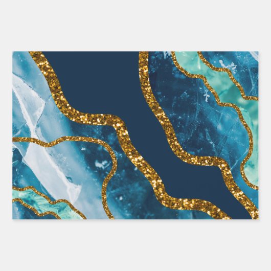 Blue & Gold Agate Geode Glitzer Geschenkpapier Set (Vorderseite 3)