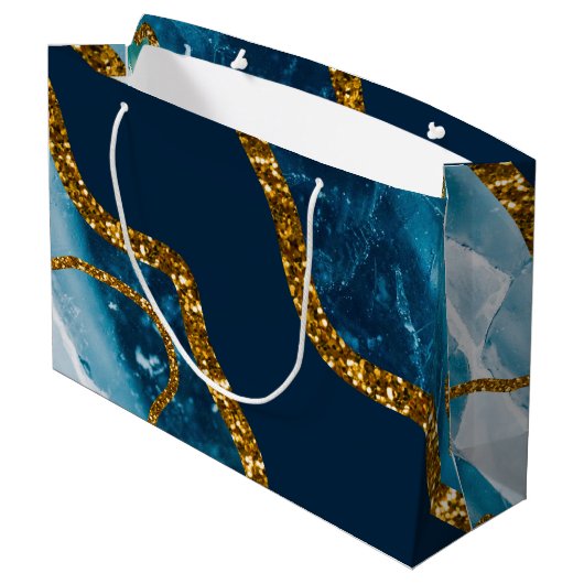 Blue & Gold Agate Geode Glitzer Große Geschenktüte (Rückseite Schrägansicht)