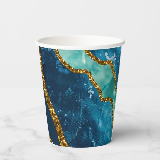 Blue & Gold Agate Geode Glitzer Pappbecher (Rückseite)