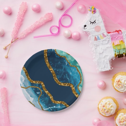 Blue & Gold Agate Geode Glitzer Pappteller (Party)