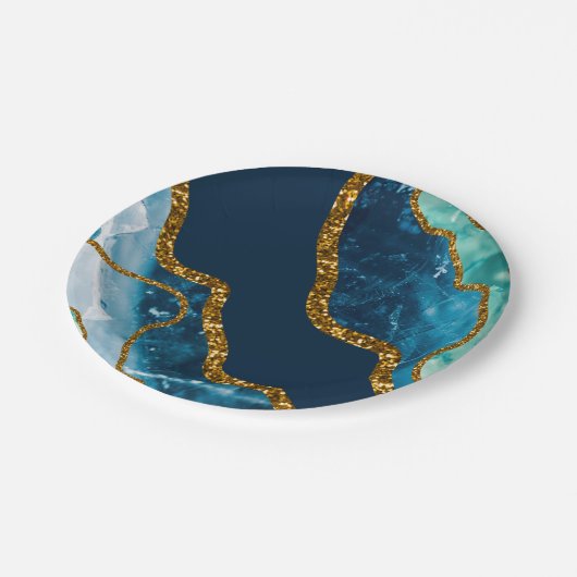 Blue & Gold Agate Geode Glitzer Pappteller (Schrägansicht)