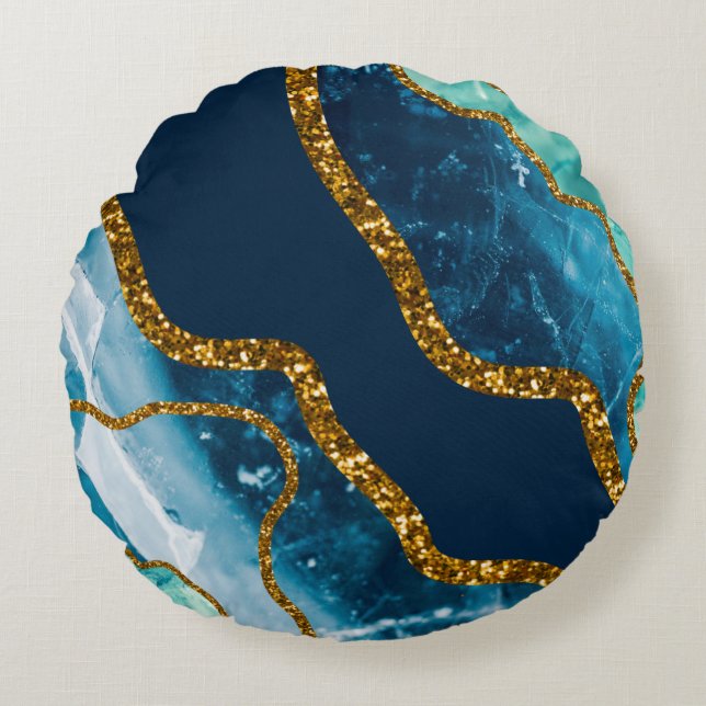 Blue & Gold Agate Geode Glitzer Rundes Kissen (Vorderseite)