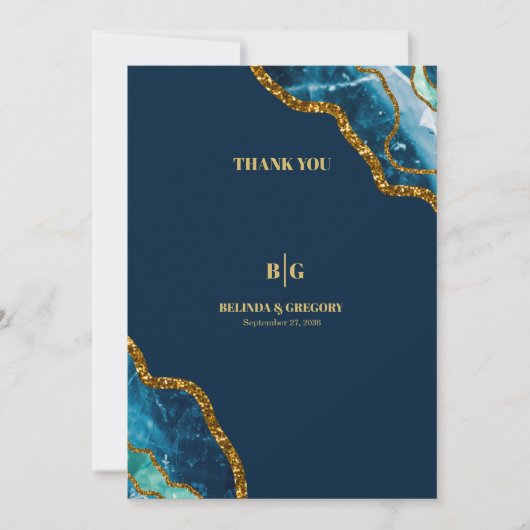 Blue & Gold Agate Geode Glitzer Wedding Dankeskarte (Vorderseite)