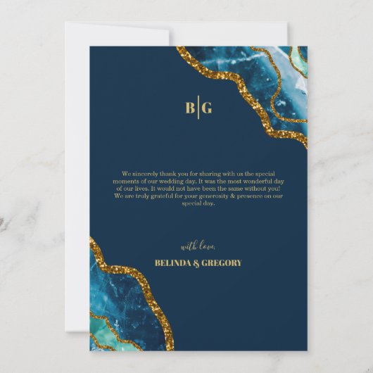 Blue & Gold Agate Geode Glitzer Wedding Dankeskarte (Rückseite)