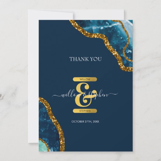 Blue & Gold Agate Geode Glitzer Wedding Dankeskarte (Vorderseite)