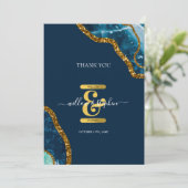 Blue & Gold Agate Geode Glitzer Wedding Dankeskarte (Stehend Vorderseite)