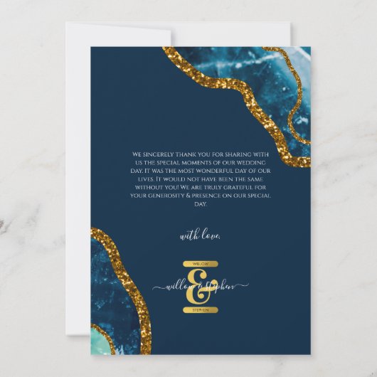 Blue & Gold Agate Geode Glitzer Wedding Dankeskarte (Rückseite)