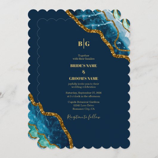 Blue & Gold Agate Geode Glitzer Wedding Einladung (Vorne/Hinten)