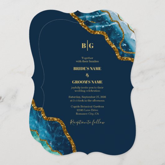Blue & Gold Agate Geode Glitzer Wedding Einladung (Vorne/Hinten)