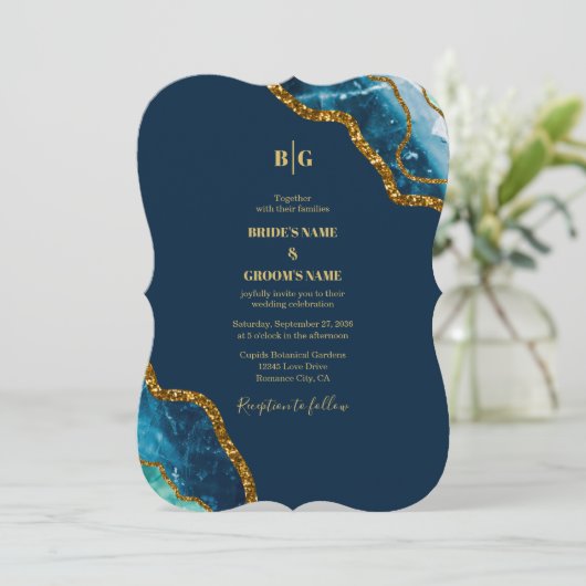 Blue & Gold Agate Geode Glitzer Wedding Einladung (Stehend Vorderseite)