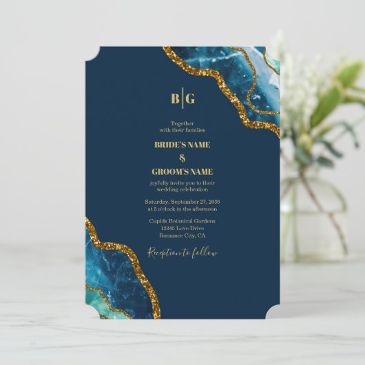 Blue & Gold Agate Geode Glitzer Wedding Einladung (Stehend Vorderseite)