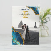 Blue & Gold Agate Geode Glitzer Wedding Foto Dankeskarte (Stehend Vorderseite)