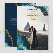 Blue & Gold Agate Geode Glitzer Wedding Foto Dankeskarte (Vorne/Hinten)