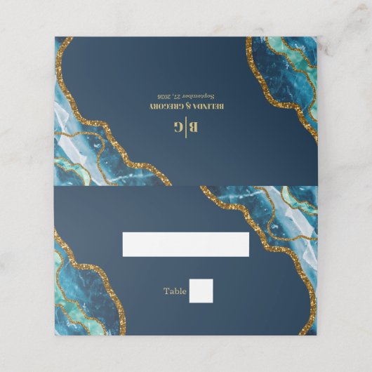 Blue & Gold Agate Geode Glitzer Wedding Platzkarte (Außenseite Aufgefaltet)