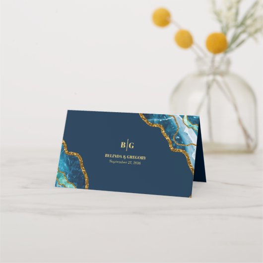 Blue & Gold Agate Geode Glitzer Wedding Platzkarte (Rückseite)