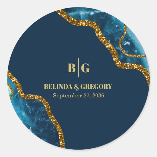 Blue & Gold Agate Geode Glitzer Wedding Runder Aufkleber (Vorderseite)