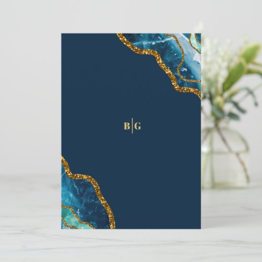 Blue & Gold Agate Geode Glitzer Wedding Save The Date (Stehend Vorderseite)