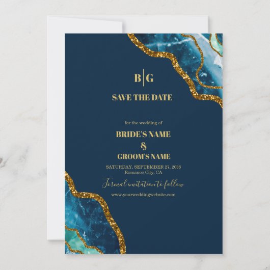 Blue & Gold Agate Geode Glitzer Wedding Save The Date (Rückseite)