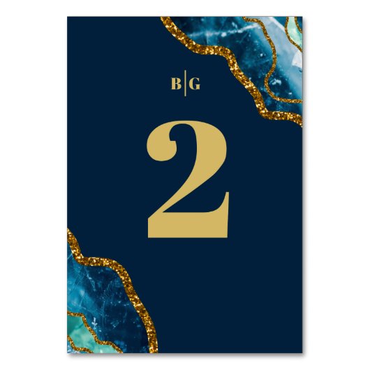 Blue & Gold Agate Geode Glitzer Wedding Tischnummer (Rückseite)