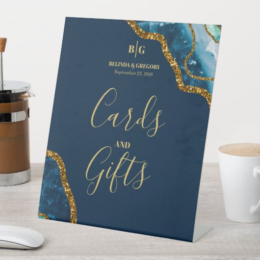 Blue & Gold Agate Geode Wedding Cards & Geschenke Sockelschild (In Situ)