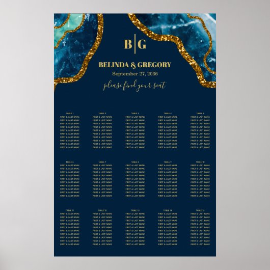 Blue Gold Agate Glitzer Hochzeitssattel Poster (Vorne)