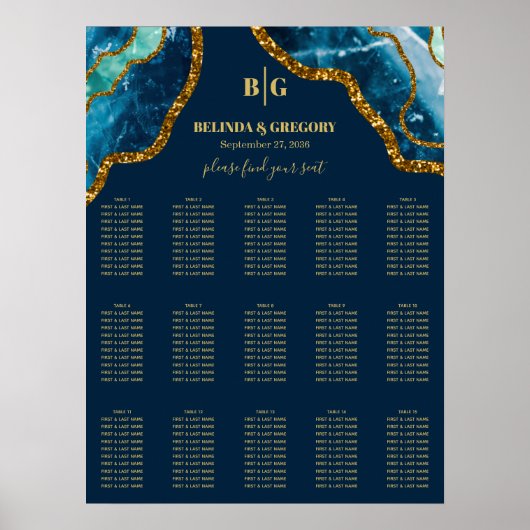 Blue Gold Agate Glitzer Hochzeitssattel Poster (Vorne)