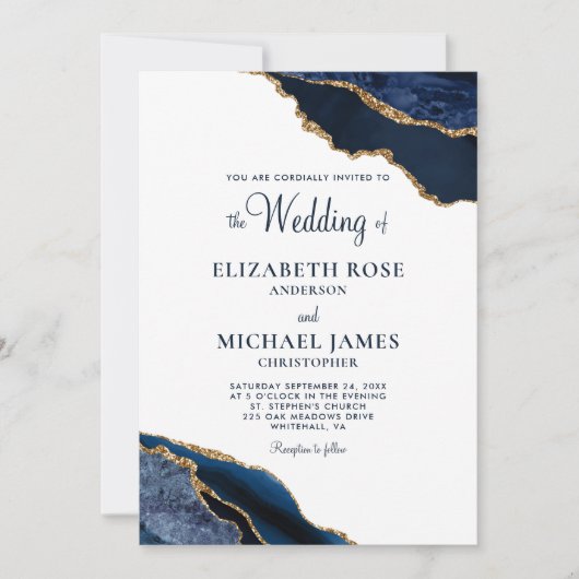 Blue Gold Agate Hochzeit Einladung (Vorderseite)