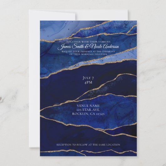 Blue & Gold Agate Modern Glam Minimal Hochzeit Einladung (Vorderseite)